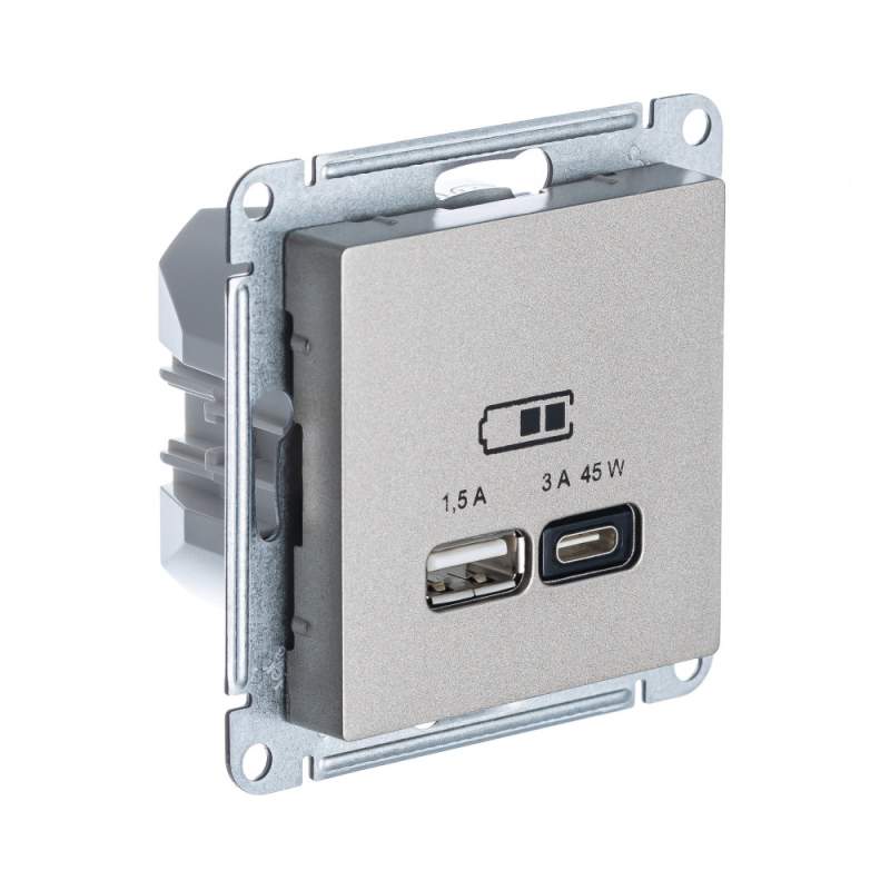 Розетка USB Systeme Electric серии AtlasDesign A + Тип-C 45Вт Высокоскор.Заряд. Qc,Pd, Мех., Шампань ATN000529  фото | Capital Power - инженерные системы