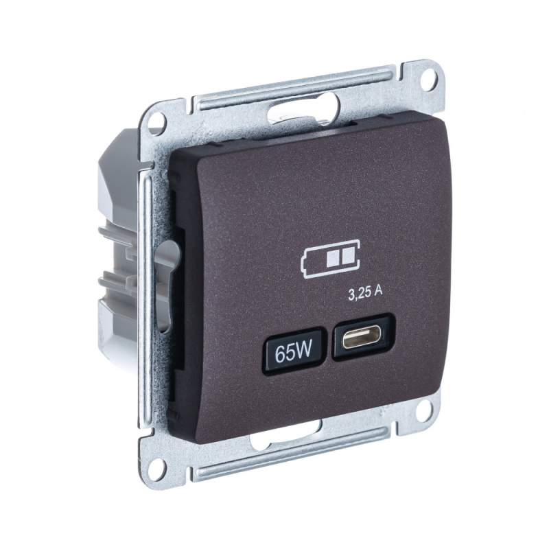 Розетка USB Systeme Electric серии Glossa тип-C 65Вт высокоскор.заряд. QC, PD, механизм, ШОКОЛАД GSL000827  фото | Capital Power - инженерные системы