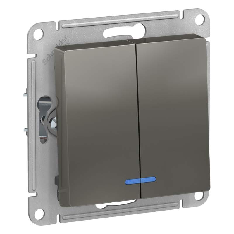 Выключатель 2-клавишный с подсветкой Systeme Electric серии AtlasDesignкой, Сх.5А, 10Ах, Механизм, Сталь ATN000953  фото | Capital Power - инженерные системы