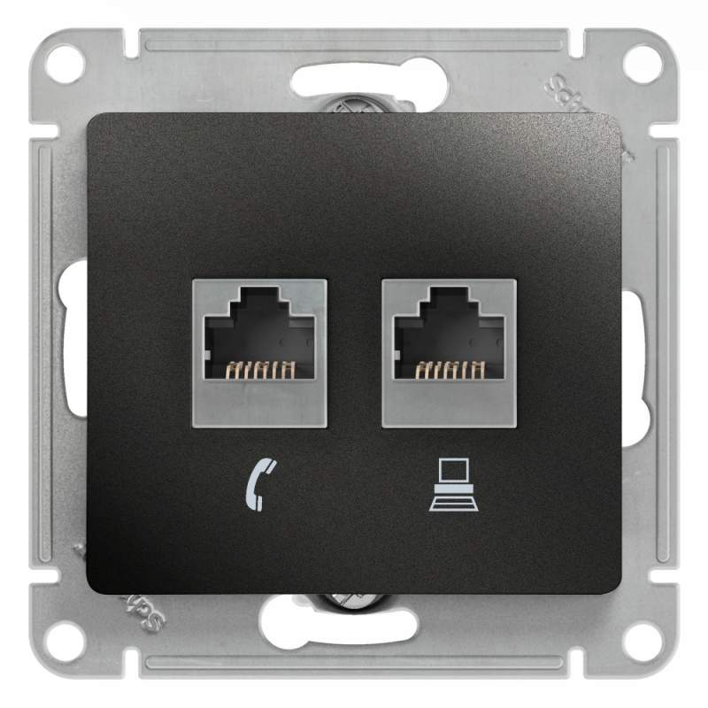 Розетка Systeme Electric серии Glossa двойная RJ11+RJ45, кат.5Е, АНТРАЦИТ GSL000785  фото | Capital Power - инженерные системы