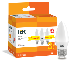 Лампа светодиодная C35 свеча 7Вт 230В 3000К E14 (3шт/упак) IEK LLE-C35-07-230-30-E14-3  фото | Capital Power - инженерные системы