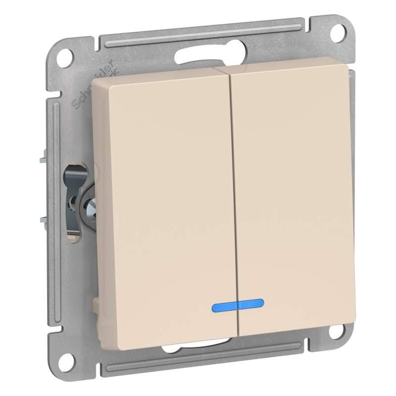 Выключатель 2-клавишный с подсветкой Systeme Electric серии AtlasDesignкой, Сх.5А, 10Ах, Механизм, Бежевый ATN000253  фото | Capital Power - инженерные системы