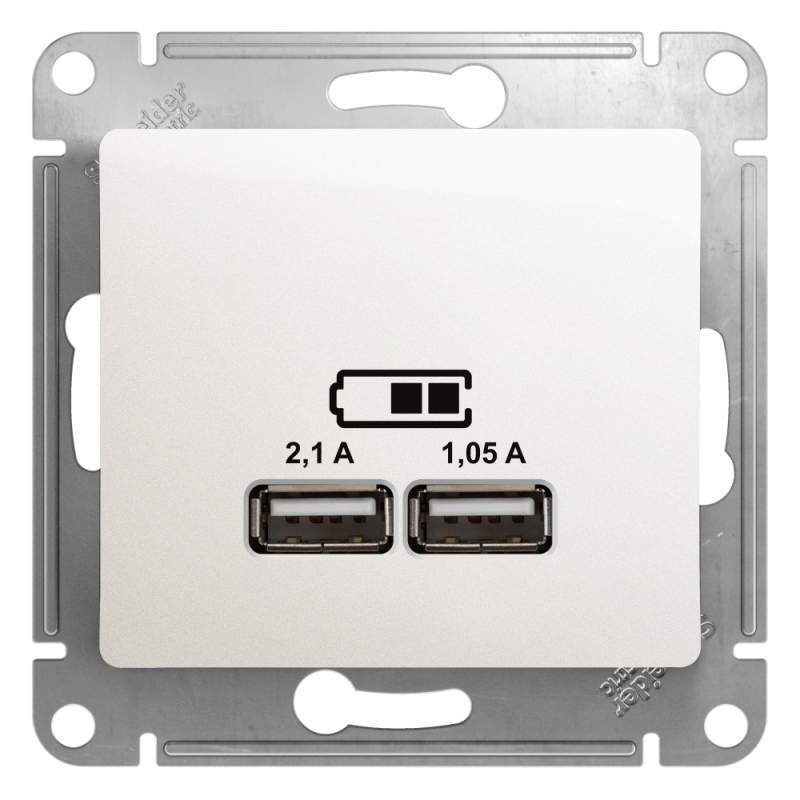 Розетка USB Systeme Electric серии Glossa A+A, 5В/2,1 А, 2х5В/1,05 А, механизм, ПЕРЛАМУТР GSL000633  фото | Capital Power - инженерные системы