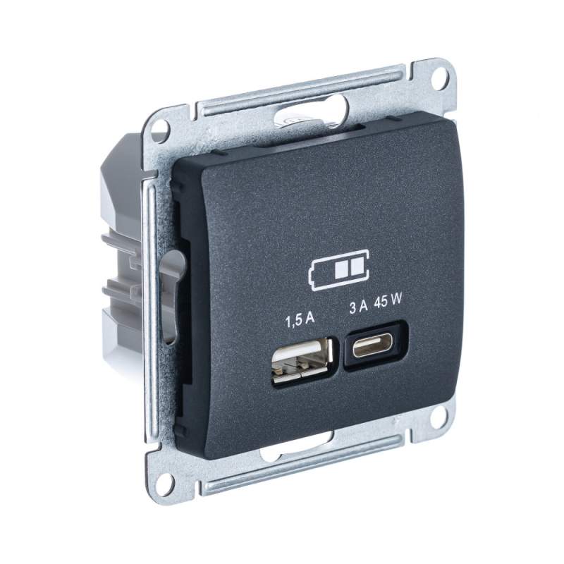 Розетка USB Systeme Electric серии Glossa А + тип-С 45Вт высокоскор.заряд. QC, PD, механизм, АНТРАЦИТ GSL000729  фото | Capital Power - инженерные системы