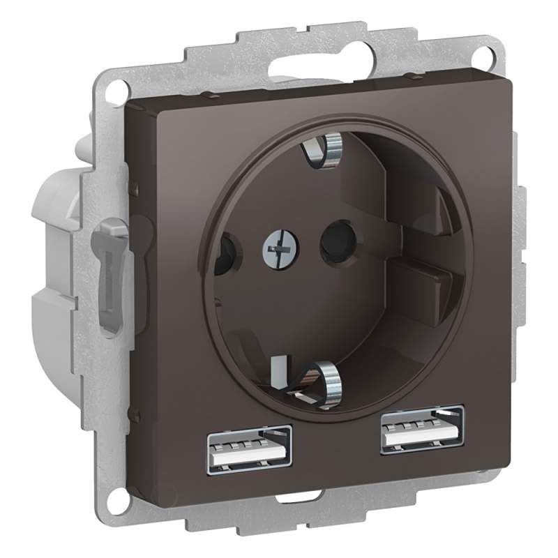 Розетка Systeme Electric серии AtlasDesign 16А C 2 Usb A+A, 5В/2,4А, 2Х5В/1,2А, Механизм, Мокко ATN000630  фото | Capital Power - инженерные системы