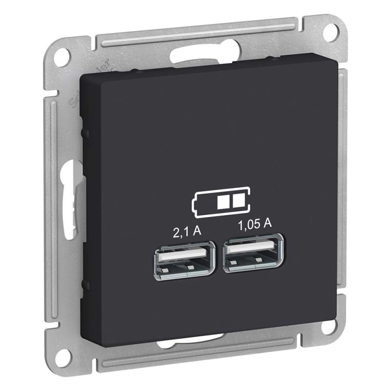 Розетка USB Systeme Electric серии AtlasDesign A+A, 5В/2,1 А, 2Х5В/1,05 А, Механизм, Карбон ATN001033  фото | Capital Power - инженерные системы