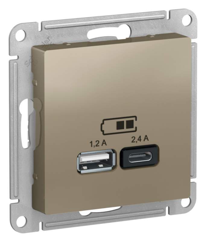 Розетка USB Systeme Electric серии AtlasDesign А+С, 5В/2,4А, 2Х5В/1,2А, Механизм, Шампань ATN000539  фото | Capital Power - инженерные системы