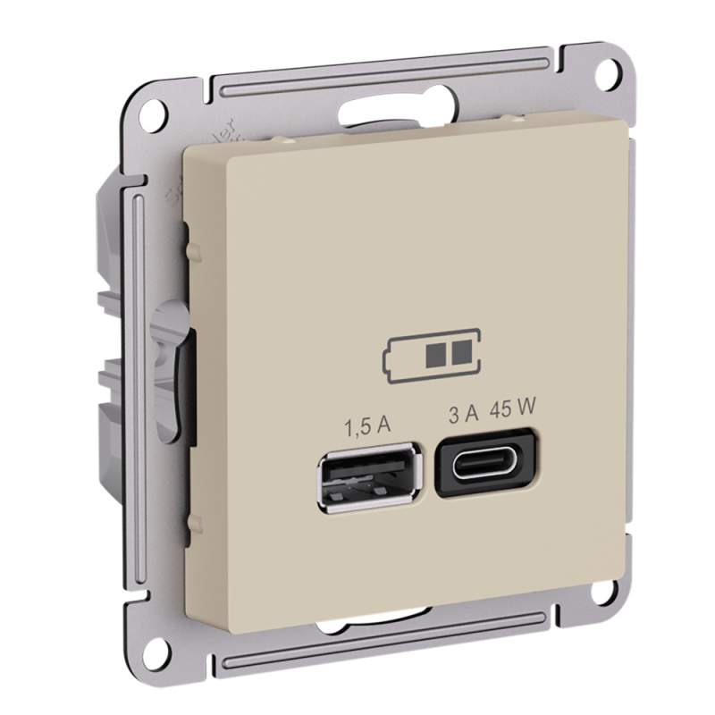 Розетка USB Systeme Electric серии AtlasDesign A + Тип-C 45Вт Высокоскор.Заряд. Qc, Pd, Мех., Песочный ATN001229  фото | Capital Power - инженерные системы